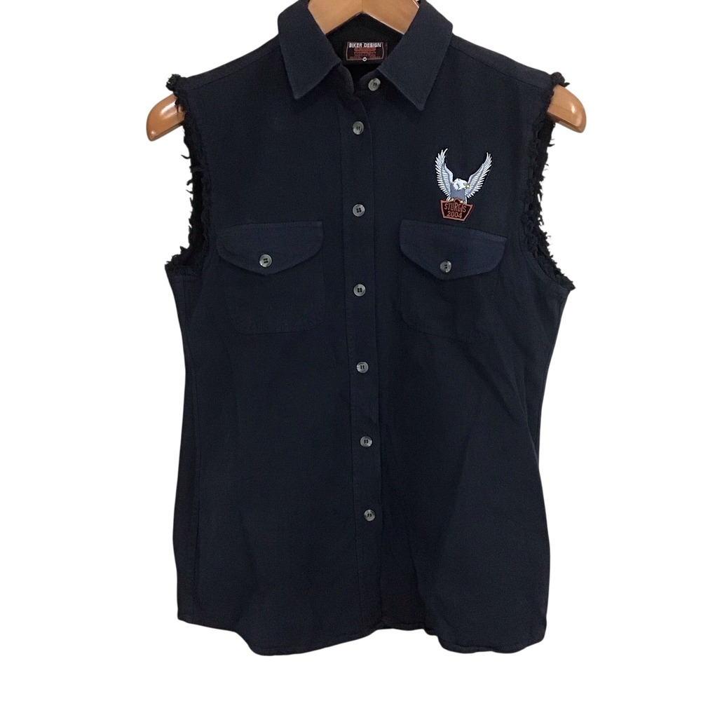 Biker Design Womens Black Sleeveless Button Up Shirt Cat Rose Sturgis, MS 2004 M